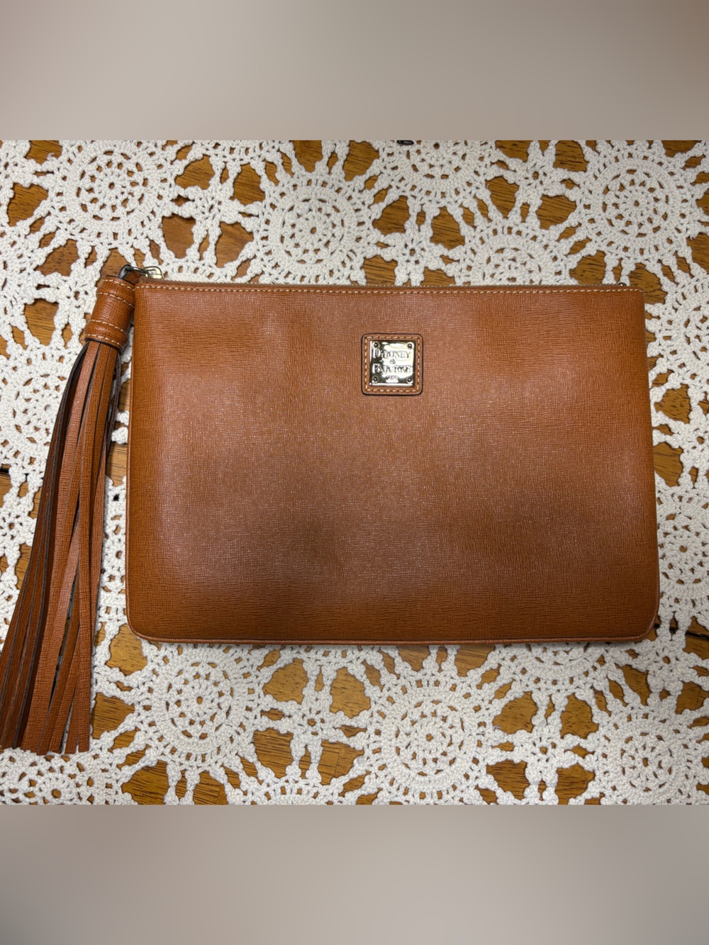Dooney & Bourke Saffiano Leather Large Clutch Pouch Tassel Cognac